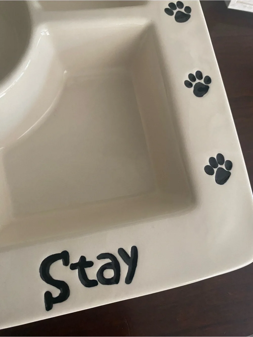 Ceramic Divided Platter with Paw Prints and the words SIT, EAT, DRINK, STAY